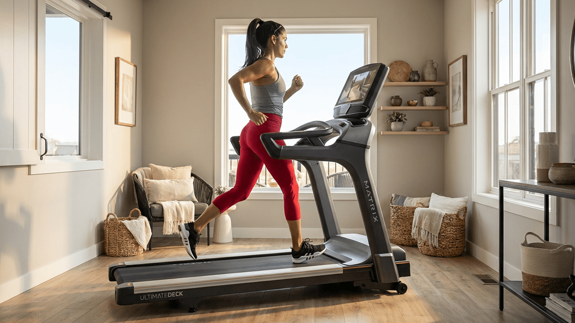 Man working out on Matrix functional trainer in his home workout space